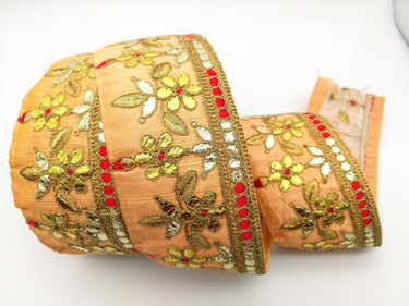 Orange Art Silk Fabric Trim, Red & Gold Floral Embroidery Gota Patti Indian Sari Border Trim By Yard Decorative Trim Craft Lace